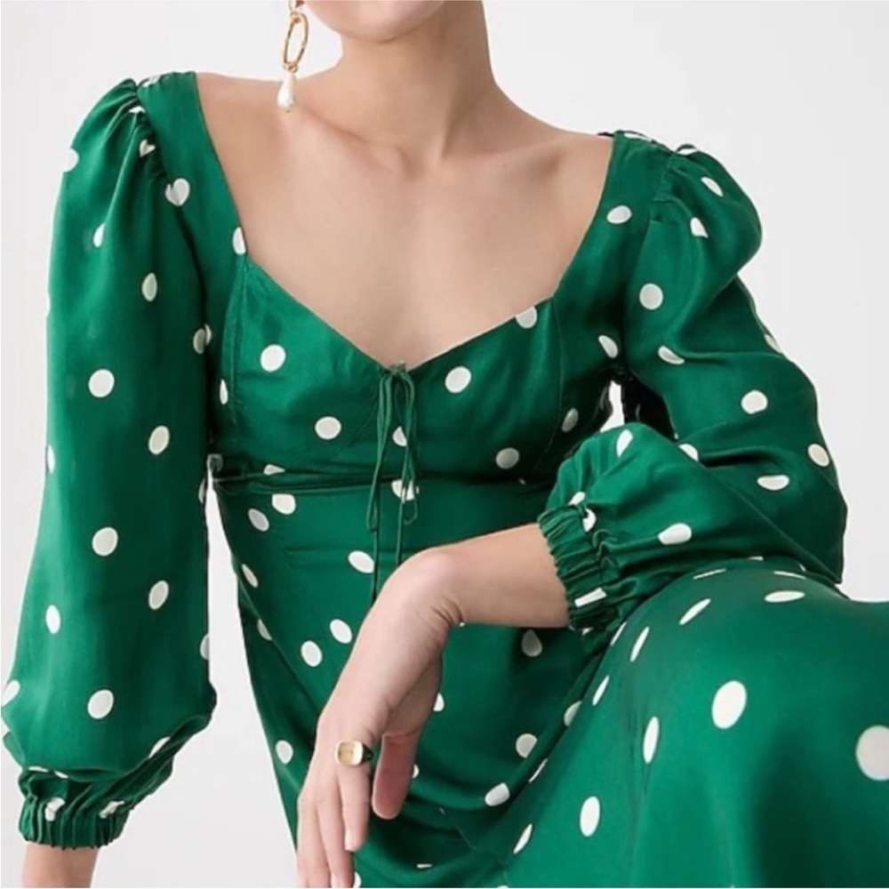 JCrew NWT Sweetheart Long-sleeve Midi Dress in Green polka dot, size 18 - Picture 3 of 7